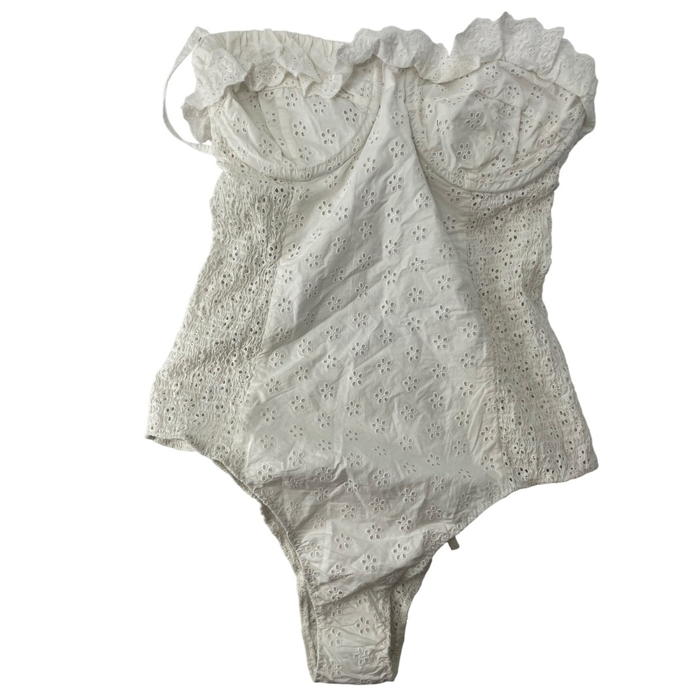 Doen Cream Eyelet Strapless Ruffle One-Piece Swimsuit